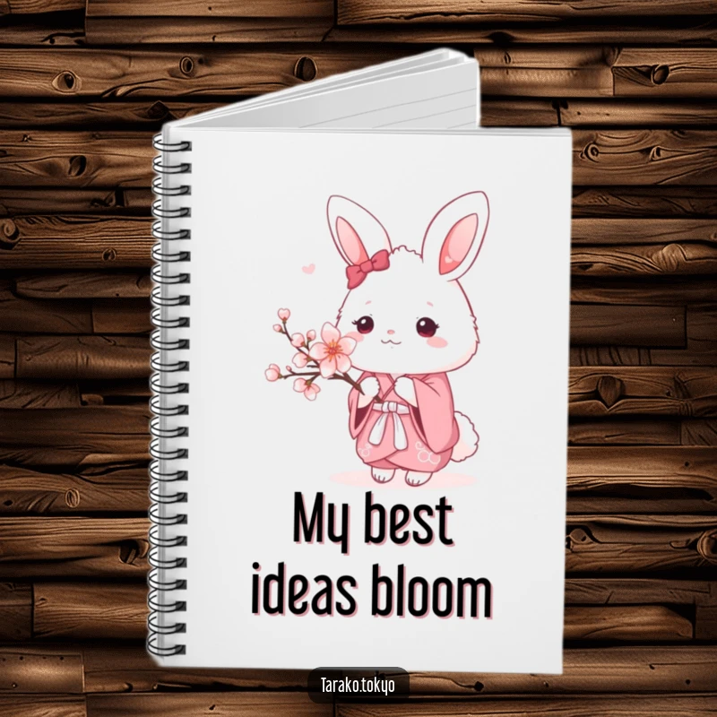 Funny Notebook with a fluffy bunny in a pink kimono holding a cherry blossom, ideal for writing and drawing.