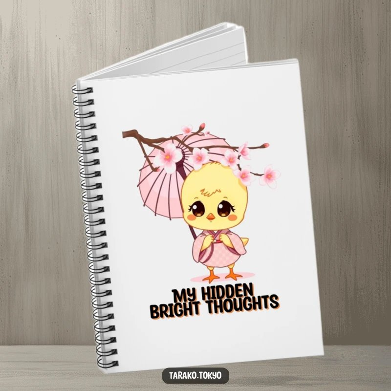 Funny charming chick notebook, wearing a kimono and holding an umbrella, peeking from cherry blossoms, inspiring sweet thoughts.