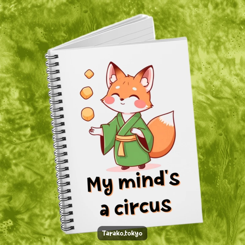 Funny Notebook with a playful fox in a green kimono juggling colorful mochi, perfect for writing and sketching.