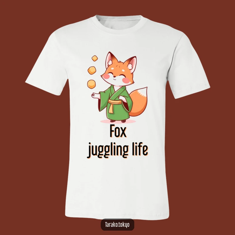 Funny Fox Kimono T-Shirt: Playful mochi juggling design on a stylish green kimono tee, a great funny gift.