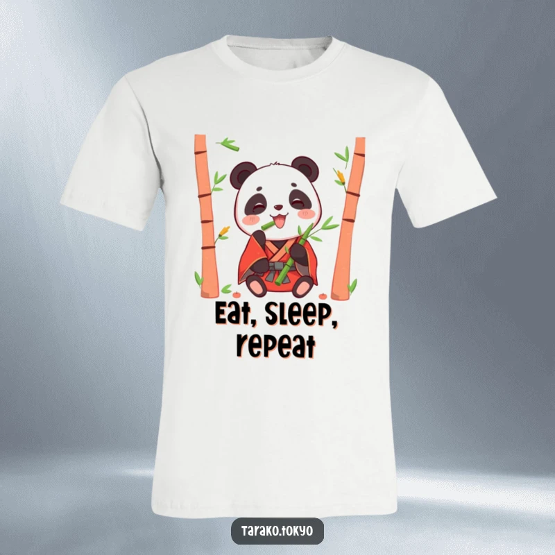 Funny t-shirt depicting a happy panda in a red kimono eating bamboo shoots, embodying pure contentment and joy.