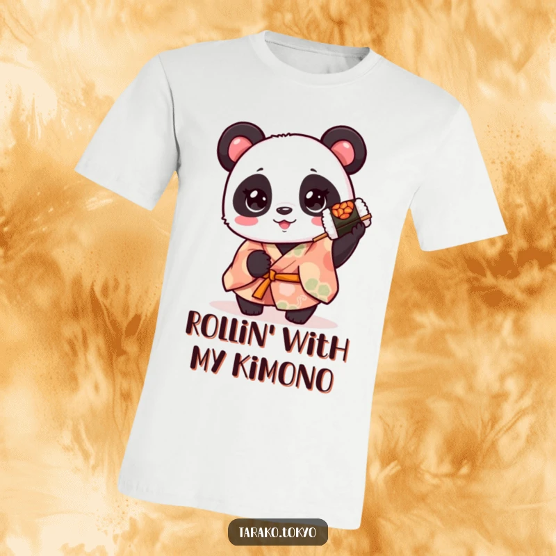 Funny cute panda t-shirt, dressed in a colorful kimono, spinning a sushi roll, exuding charm and playful culinary fun.