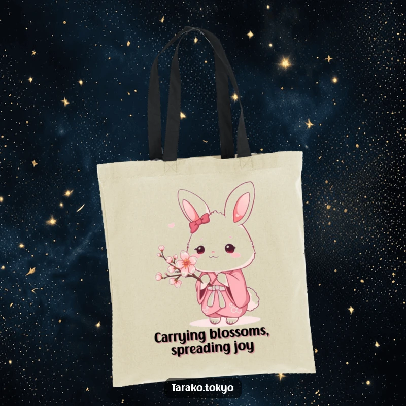 Funny Tote Bag featuring a fluffy bunny in a pink kimono holding a delicate cherry blossom, ideal for shopping and daily use.