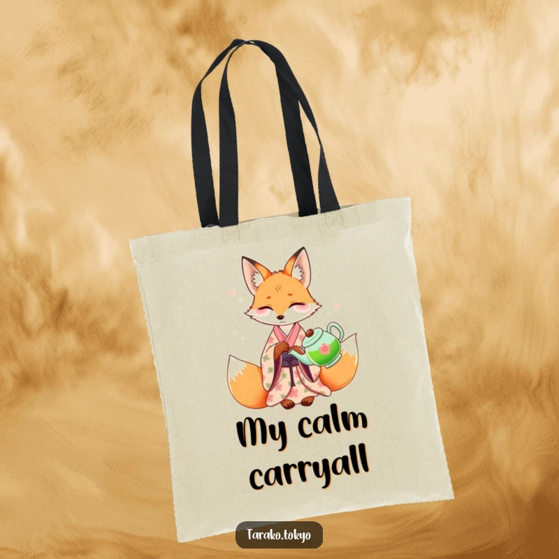 Funny graceful fox tote bag, in a floral kimono, pouring green tea, a chic and humorous accessory for carrying essentials.