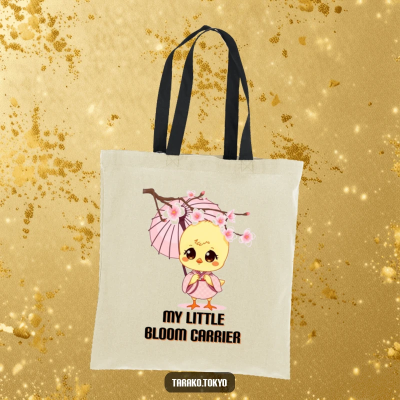Funny charming chick tote bag, in a small kimono, holding a paper umbrella, peeking from a cherry blossom, a sweet and humorous accessory.